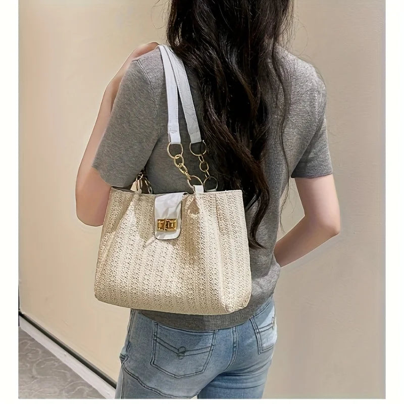Elegant Women's Woven Fabric Shoulder Bag with Adjustable Chain Strap Front Flap Button Closure Professional Use, Woven Handbag