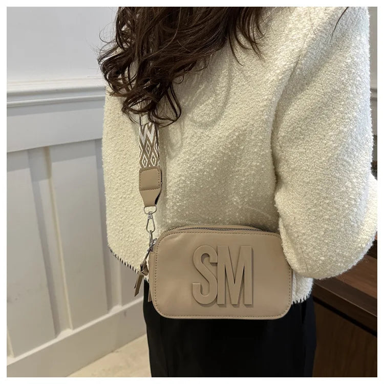 Stylish Versatile Women Single Shoulder Bag, SM Letter Pu Leather Small Square Bag, Leisure Wide Shoulder Strap Cross Body Bags