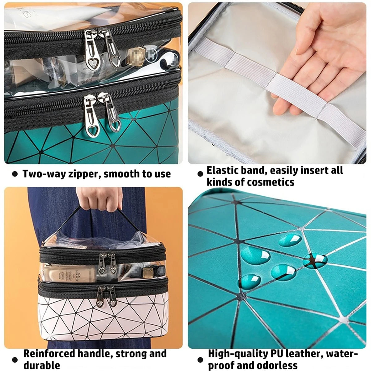 Doublelayer Makeup Bag,Waterproof PVC Travel Pouch Portable Washbag