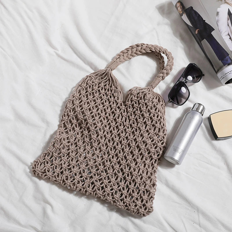 Hand-Woven Bag Women Handmade Hollow Handbag Female Shoulder Bag Big Capacity Summer Casual Travel Beach Tote Purse