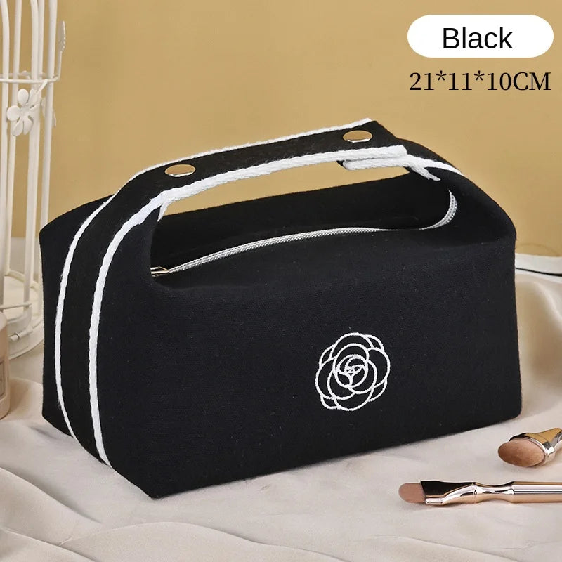 Premium Handheld Portable Camellia Canvas Makeup Bag for Travel Large Capacity Toiletries Cosmetics Skincare Storage Bag