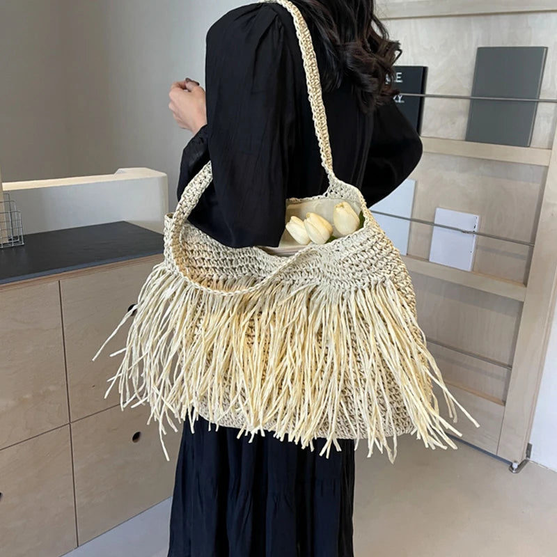Casual Tassel Woven Women Shoulder Bags Handmade Fringe Lady Handbags Summer Beach Large Tote Bag Shopper Purse for Vacation