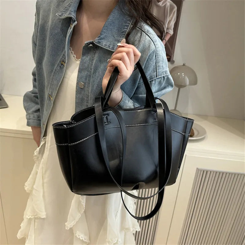 Solid Color Soft Leather Handbag Women Single Shoulder Tote Bag, Large Capacity Commuting Set Handbags Shopping Cross Body Bags
