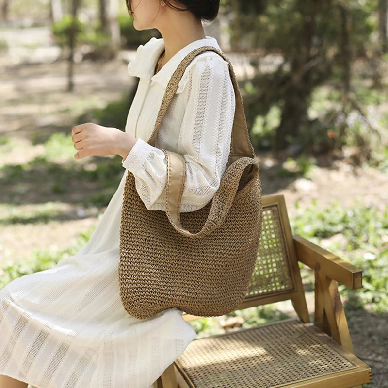 Women Large Capacity Shoulder Bags Handmade Straw Woven Fashion Travel Shopper Totes Ladies Bohemis Designer Casual Handbags