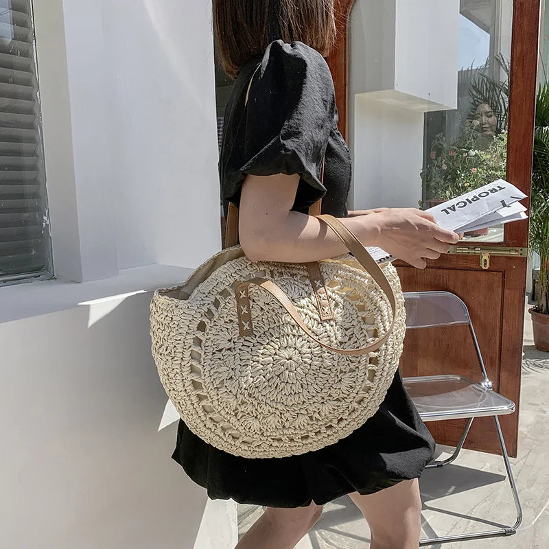 Summer Round Straw Bags for Women Rattan Shoulder Bag Travel Handmade Woven Beach Handbags Female Large Capacity Totes Bag
