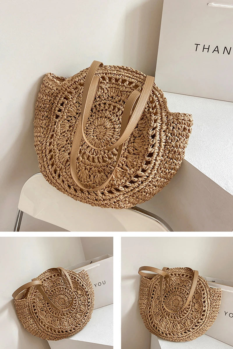 Summer Round Straw Bags for Women Rattan Shoulder Bag Travel Handmade Woven Beach Handbags Female Large Capacity Totes Bag