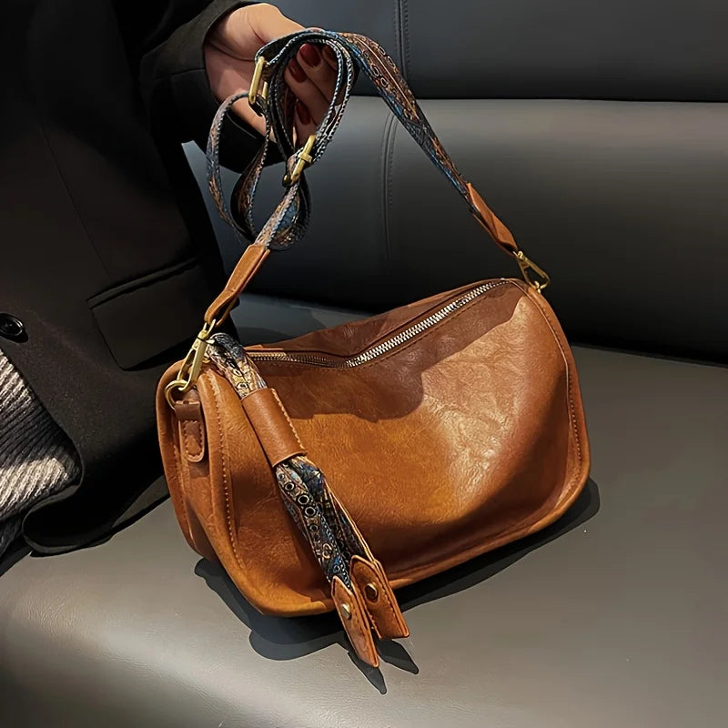 Graphic Pattern Zipper Crossbody Bag, Stylish Shoulder Bag With Wide Strap, Large Capacity Daily Purse