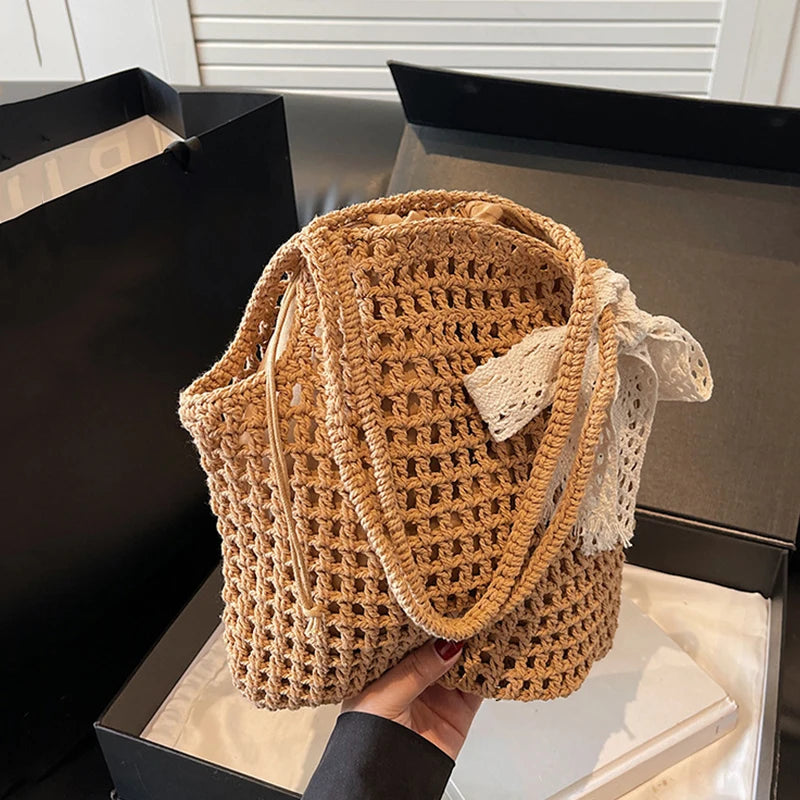 Summer Hollow Woven Shoulder Bags Women's New Casual Beach Bag Versatile Lace Design Commuting Shoulder Tote Bag