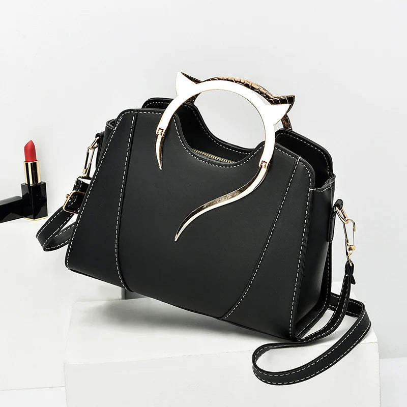 Cat Shaped Handle Women Handbag Trendy And Fashionable, Solid Color, Simple And Casual Crossbody Shoulder Shell Bag