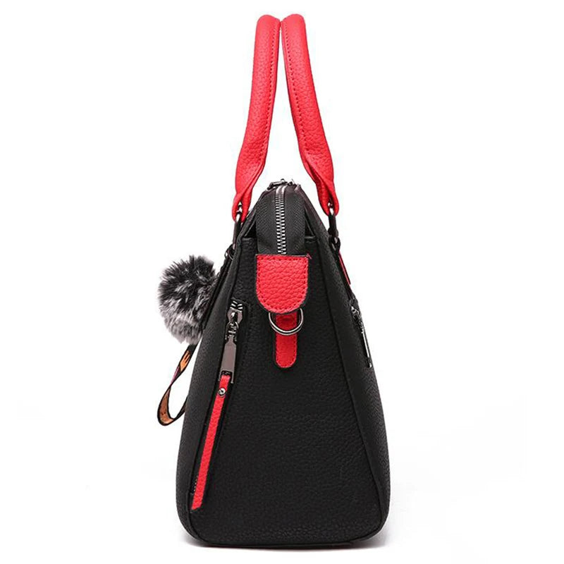 PU Leather Women's Crossbody Bag, Fur Ball Pendant Shoulder Bag, Solid Color Handbag