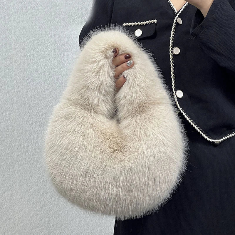 Fashion Soft Plush Half Moon Bags for Women Designer Fluffy Faux Fur Lady Handbags Luxury Small Tote Female Winter Purses