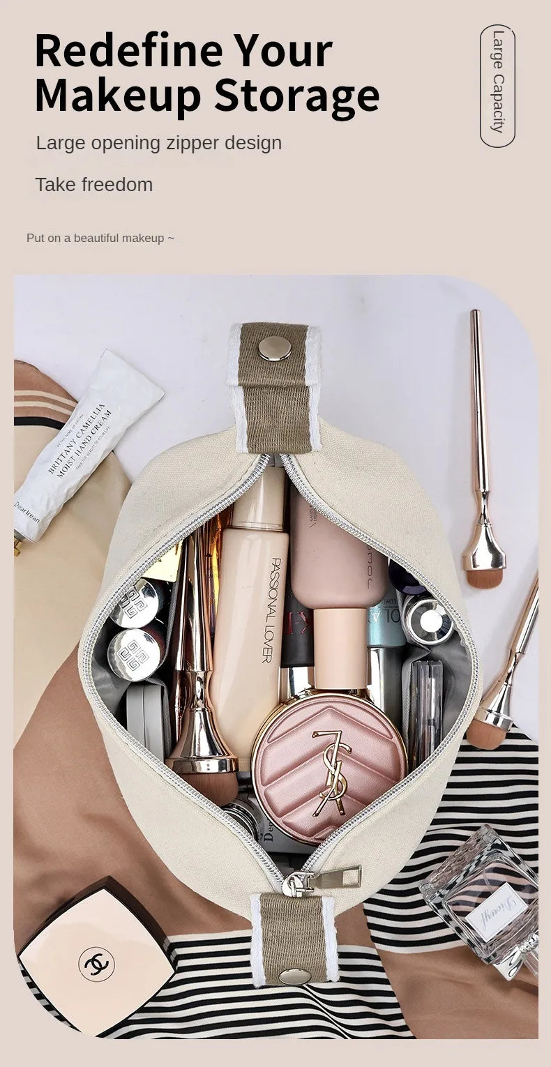 Premium Handheld Portable Camellia Canvas Makeup Bag for Travel Large Capacity Toiletries Cosmetics Skincare Storage Bag