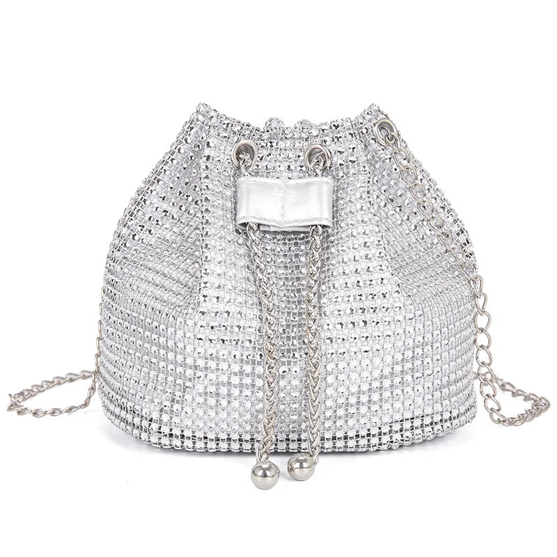 Charming Rhinestone Dinner Bag Sparkling Drawstring Chain Bucket Shoulder Crossbody Bags for Women Daily Christmas Party Banquet