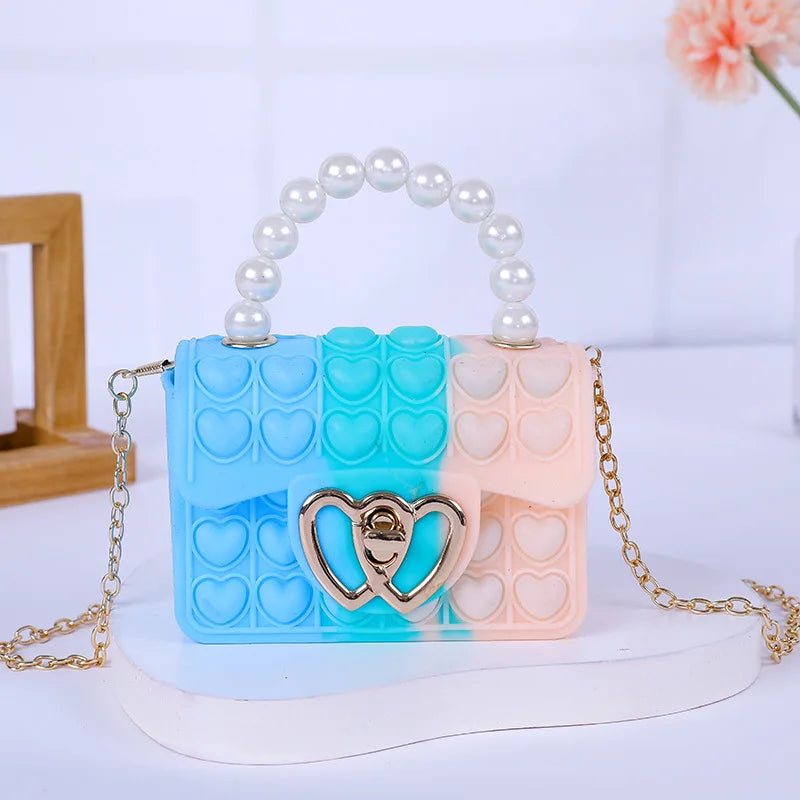 Silicone Love Bubble Jelly Bag, Popper Pressure Relieving Purse, Pop It Handbag With Faux Pearl Handle, Cute Chain Crossbody Bag