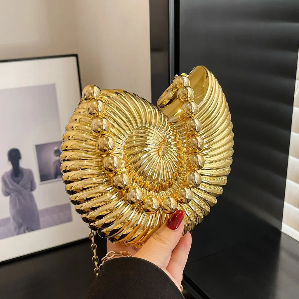 Golden Conch Shaped Shoulder Bag, Detachable Shoulder Strap, Lipstick Pouch, Elegant Shoulder Bag, Suitable For Evening Outings