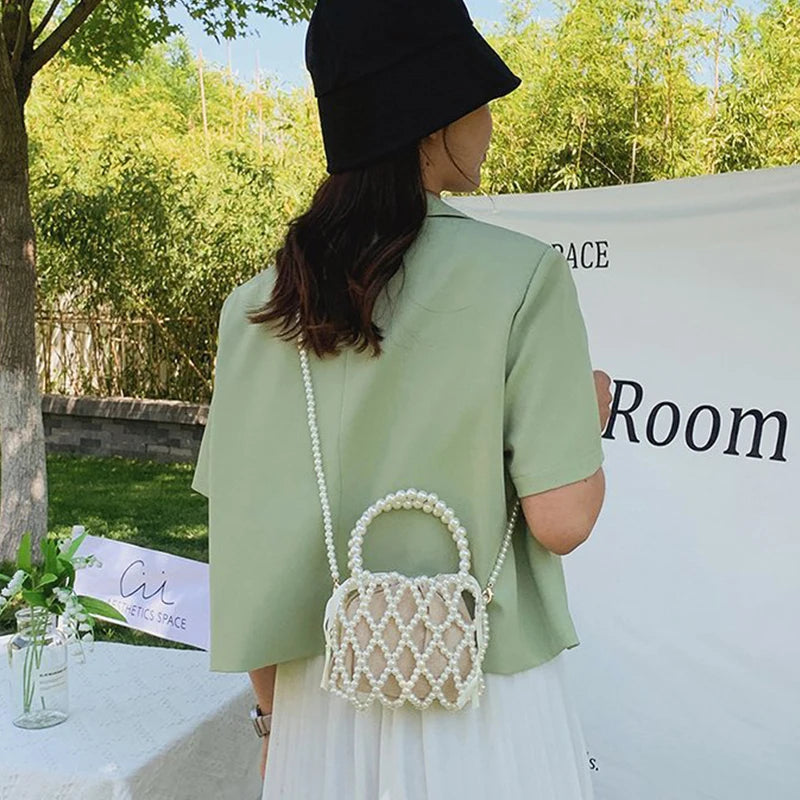 Fashion Lady Basket Handbag Summer Women's Shoulder Crossbody Bag Bohemia Travel Beach Bag Luxury Design Pearl Shopper Tote