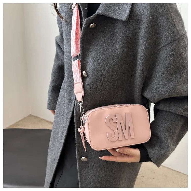 Stylish Versatile Women Single Shoulder Bag, SM Letter Pu Leather Small Square Bag, Leisure Wide Shoulder Strap Cross Body Bags