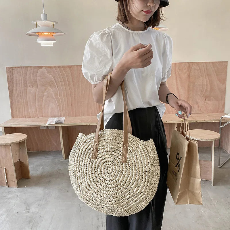Summer Round Straw Bags for Women Rattan Shoulder Bag Travel Handmade Woven Beach Handbags Female Large Capacity Totes Bag