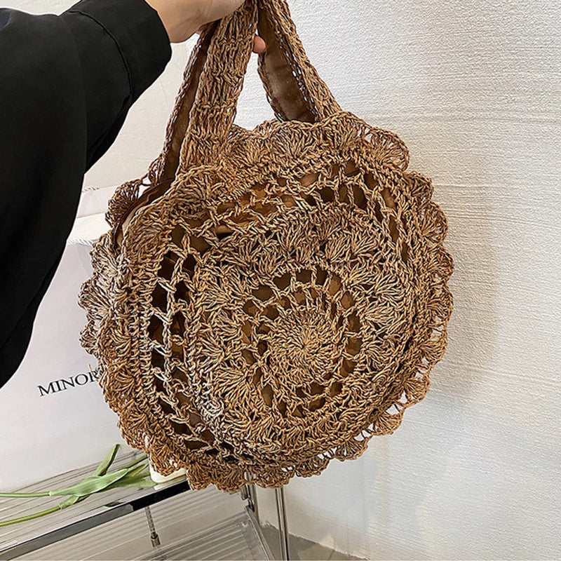 Bohemian Straw Bags for Women Circle Beach Handbags Summer Rattan Shoulder Bags Handmade Knitted Travel Big Totes Bag New