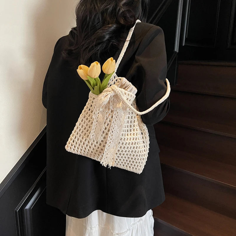 Summer Hollow Woven Shoulder Bags Women's New Casual Beach Bag Versatile Lace Design Commuting Shoulder Tote Bag