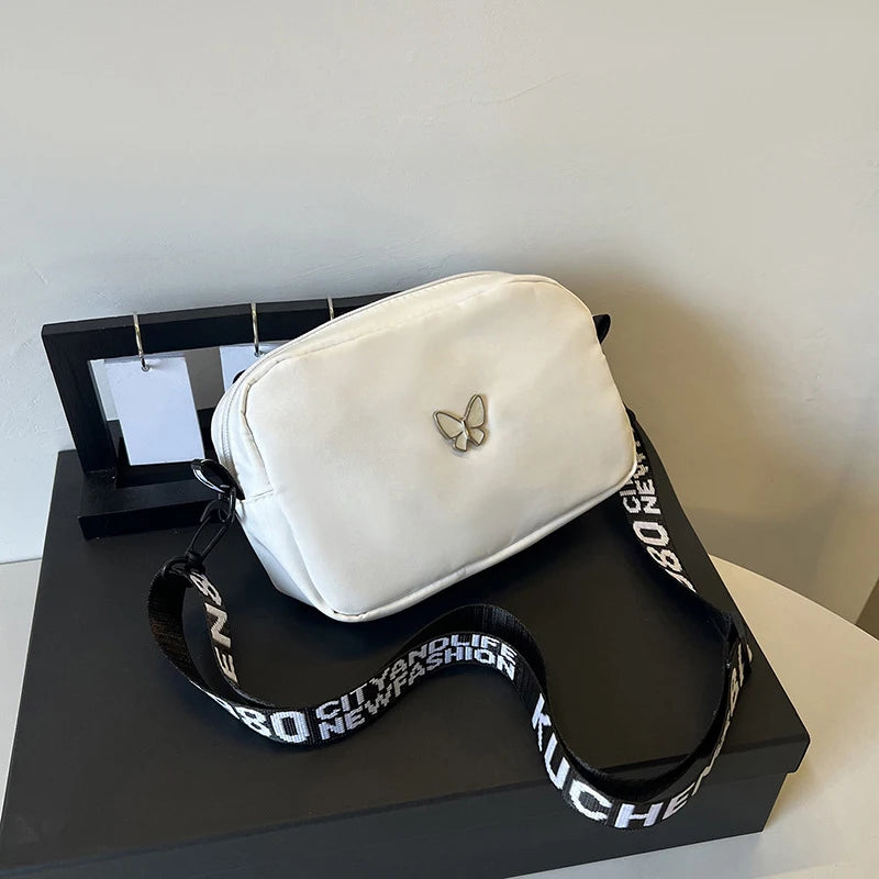 Black&white Shoulder Bag Durable Butterly Nylon Crossbody Bag Wide Belt Crossbody Bag Casual Small Sqaure Bag For Women