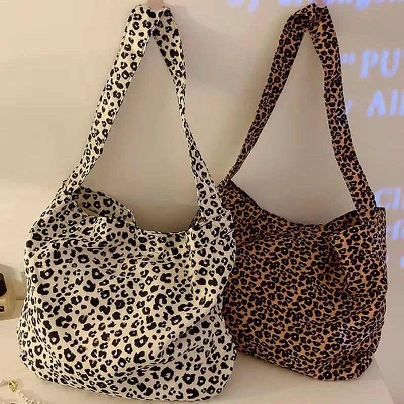 Fashion Canvas Bag Female Handbag Tote Large Capacity Underarm Bag Vintage Leopard Pattern Shoulder Shopping Bag
