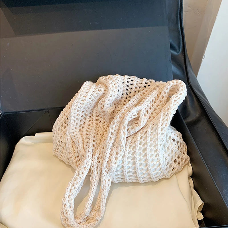 Summer Knitted Hollow Underarm Bag Women's Large Capacity Shopper Tote Bag Simple Design Casual Travel Handbags