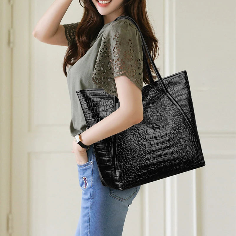 Simple Versatile Crocodile Print Tote Bag Large Capacity Fashion Handbag Vintage Design Shoulder Women's Bag