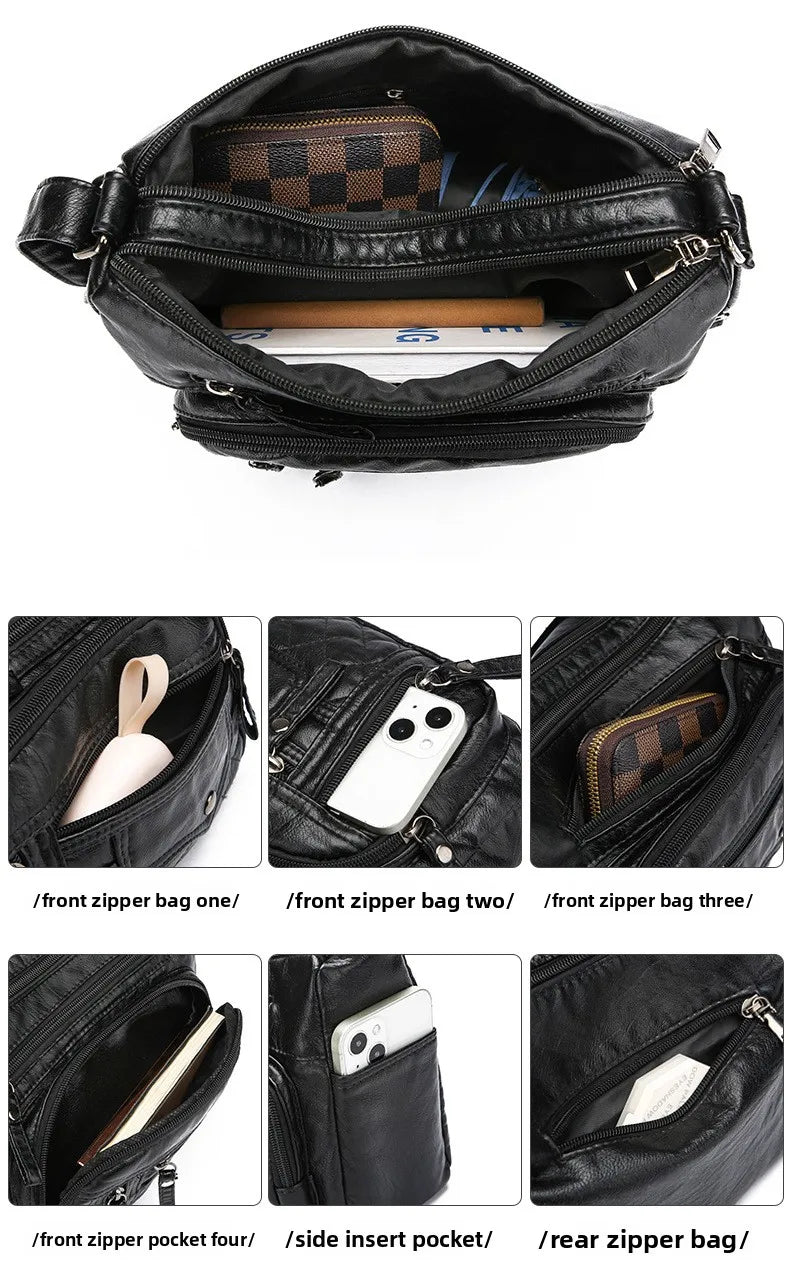 Fashionable Four Seasons Soft Leather Multi Pocket Cross Bags, Multi Layer Zipper Pouch Single Shoulder Bag for Women Daily Use