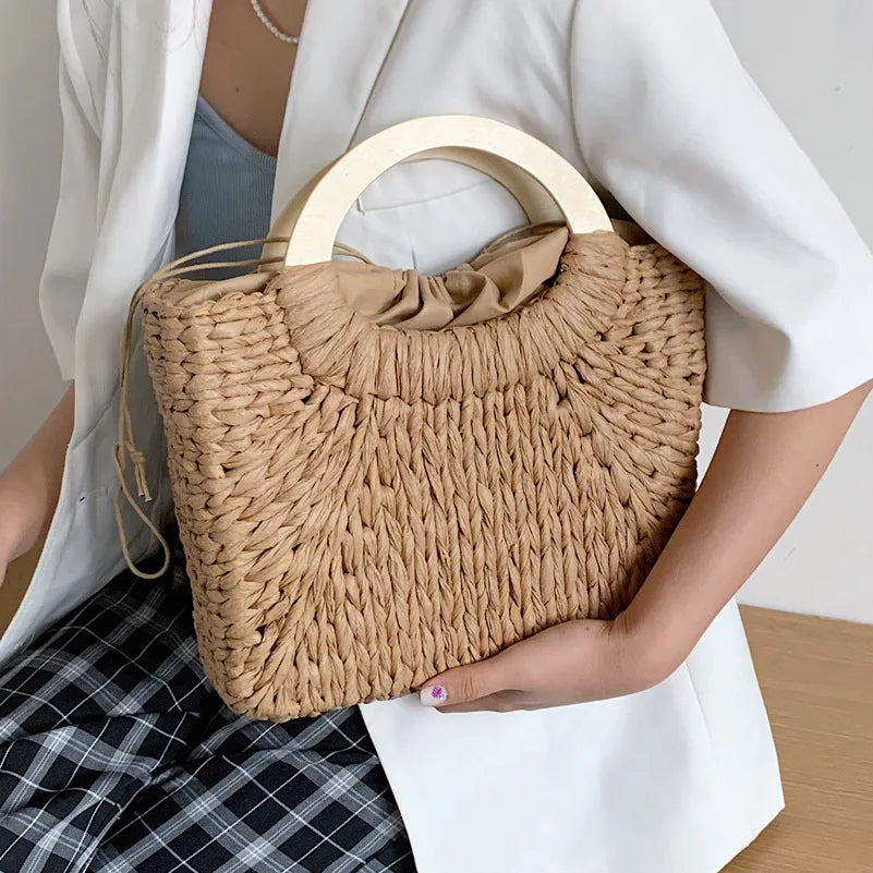 Fashion Lady Straw Woven Basket Handbag Summer Women's Shoulder Bag Bohemia Travel Beach Han made Beach Bucket Shopper Tote