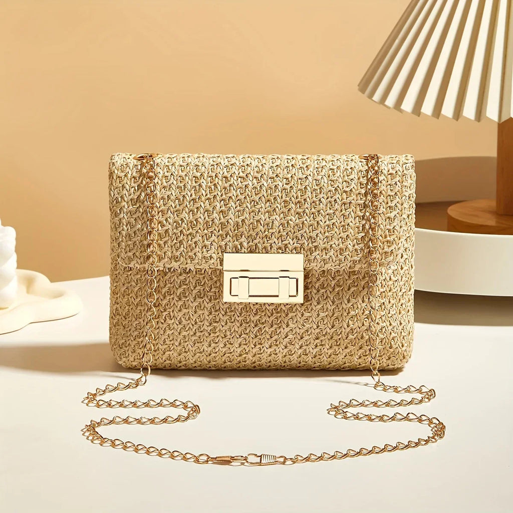 Stylish Handwoven Ladies Crossbody Bag Chain Strap Lock Buckle Adjustable Shoulder Strap, Perfect for Daily Use, Travel, Outdoor