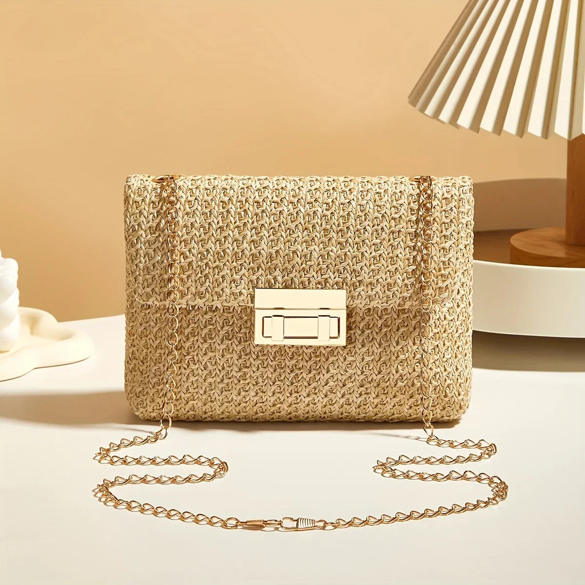 Stylish Handwoven Ladies Crossbody Bag Chain Strap Lock Buckle Adjustable Shoulder Strap, Perfect for Daily Use, Travel, Outdoor