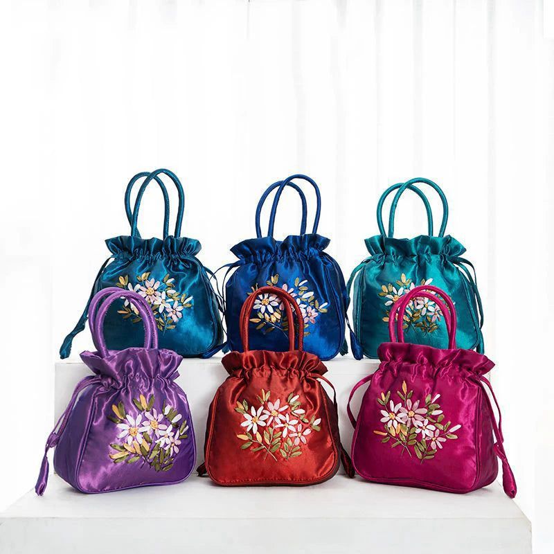 Retro Embroidery Drawstrings Handbags Storage Bags Women Purse Wallets Card Holder Bucket Shoulder Bag Wrist Bags