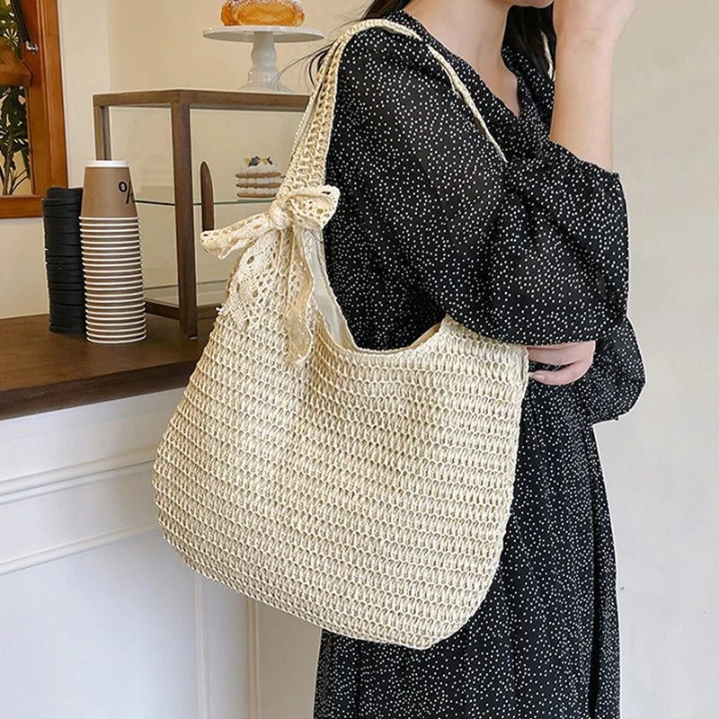 Fashion Straw Women Shoulder Bags Paper Woven Female Handbags Large Capacity Summer Beach Straw Bags Casual Tote Purses