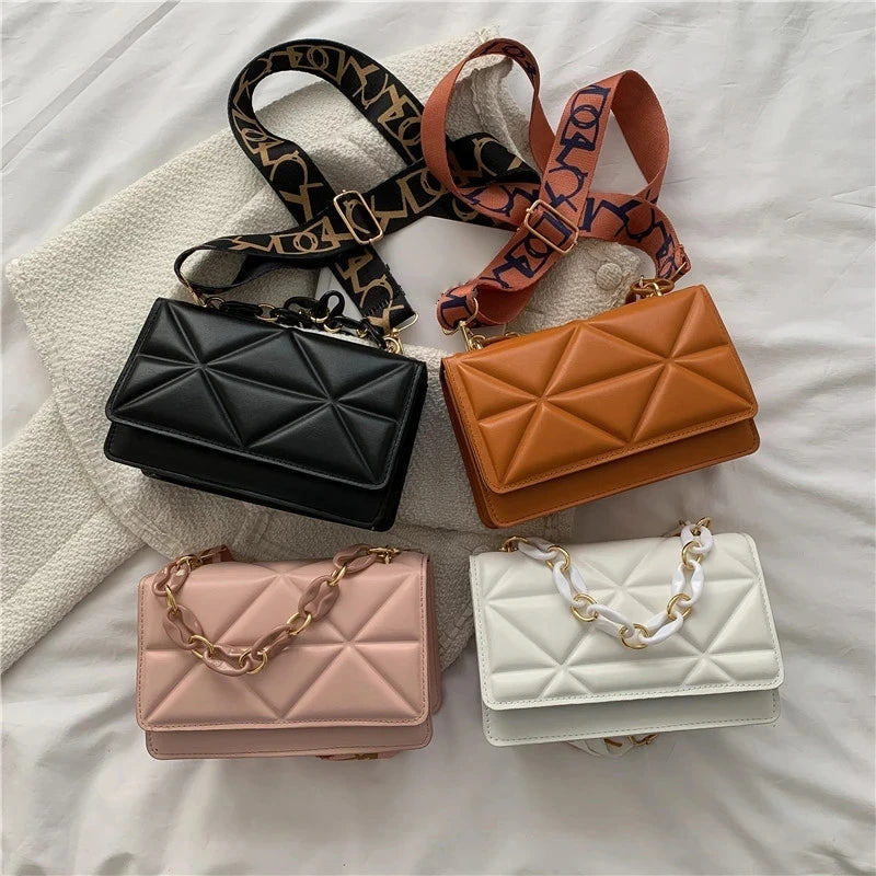 Internet Celebrity Fashion Women's Bag, New Pressed Grid Small Square Bag, Wide Shoulder Strap, Single Shoulder Crossbody Bag