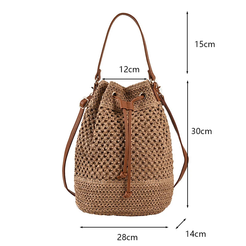 Woven Straw Bag Ladies Bucket Crossbody Bag Summer Beach Bag Retro Travel Shoulder Bags Small Travel Purse and Handbag For Women