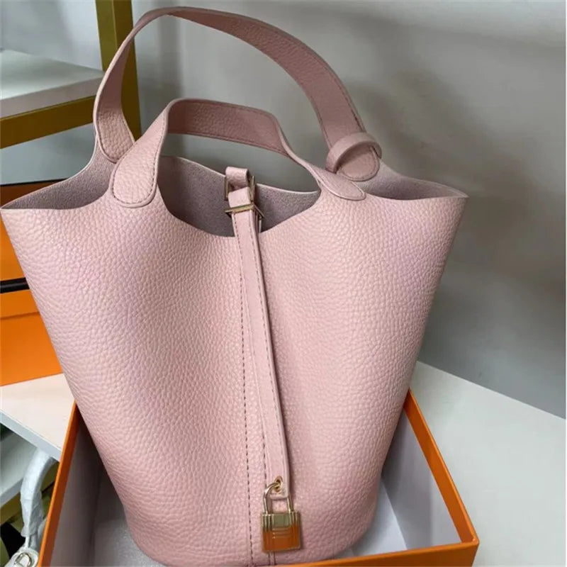 Stylish Handbag, Unique Bucket Classic Shopping Tote Bag, Soft PU Litchi Pattern Basket Women Bag with Lock Small Horse Scarves
