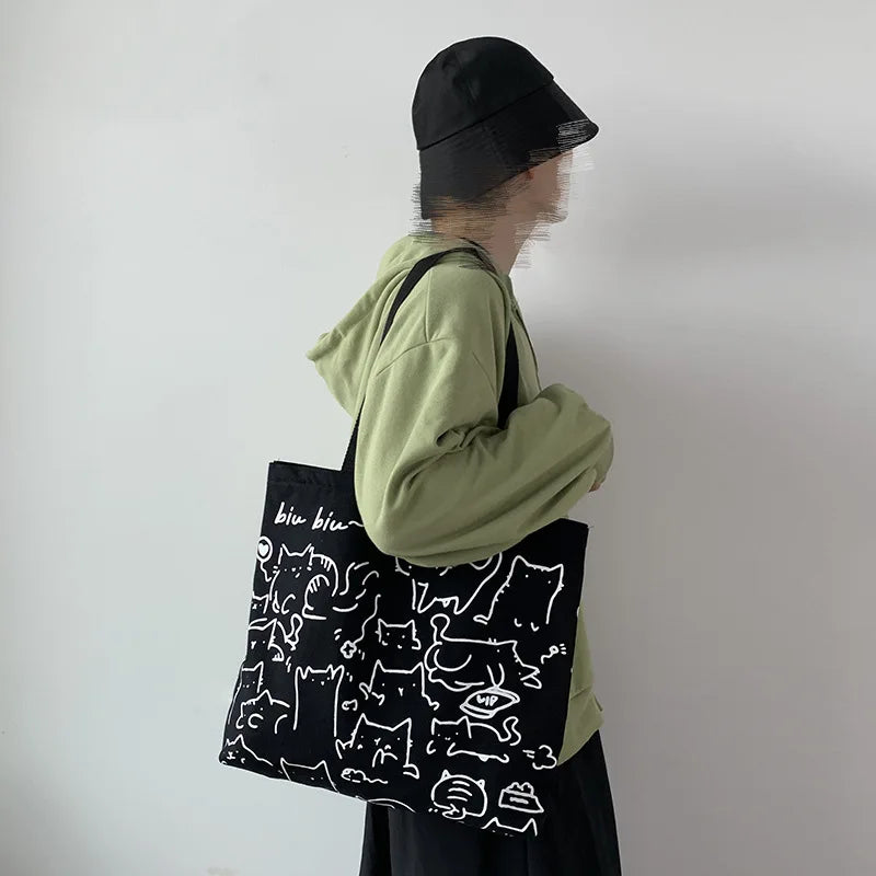 Art Design Cute Animals Printed Handbag Shoulder Bag, Literary Retro Canvas Tote Bags for Women Daily Use Work, Shopping School