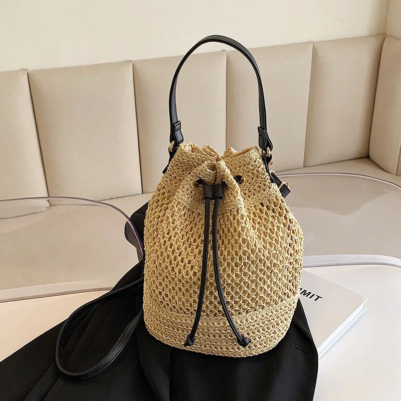 Woven Straw Bag Ladies Bucket Crossbody Bag Summer Beach Bag Retro Travel Shoulder Bags Small Travel Purse and Handbag For Women