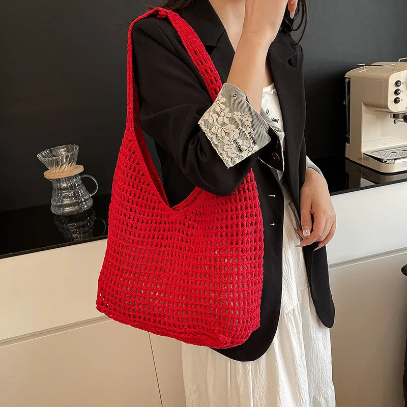 New Sweet Crochet Shoulder Bag Leisure Beach Hollow Out Handbag Women Solid Color Woven Totes Bag For Travel