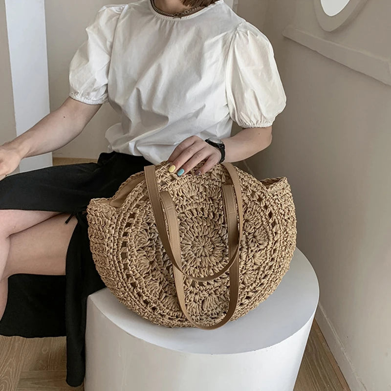 Summer Round Straw Bags for Women Rattan Shoulder Bag Travel Handmade Woven Beach Handbags Female Large Capacity Totes Bag