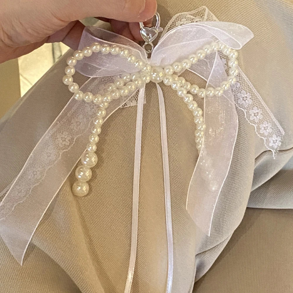Hot Y2K Korea Cute Lace Pearl Chain Phone Strap Charm Chain Bowknot Cellphone Lanyard Keychain Earphones Bag Pendant Accessories