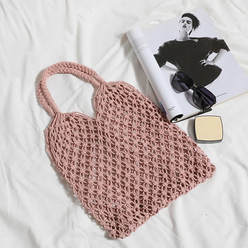 Hand-Woven Bag Women Handmade Hollow Handbag Female Shoulder Bag Big Capacity Summer Casual Travel Beach Tote Purse