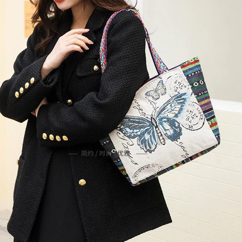 New Ethnic Style Shoulder Bag Office Handbag Student Canvas Embroidery Elephant  Casual Travel Storage Tote Bag For Women