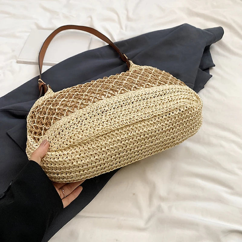 Women Hollow Shoulder Bag Large Capacity Straw Weaving Travel Handbag Adjustable Strap Shopper Tote Bag