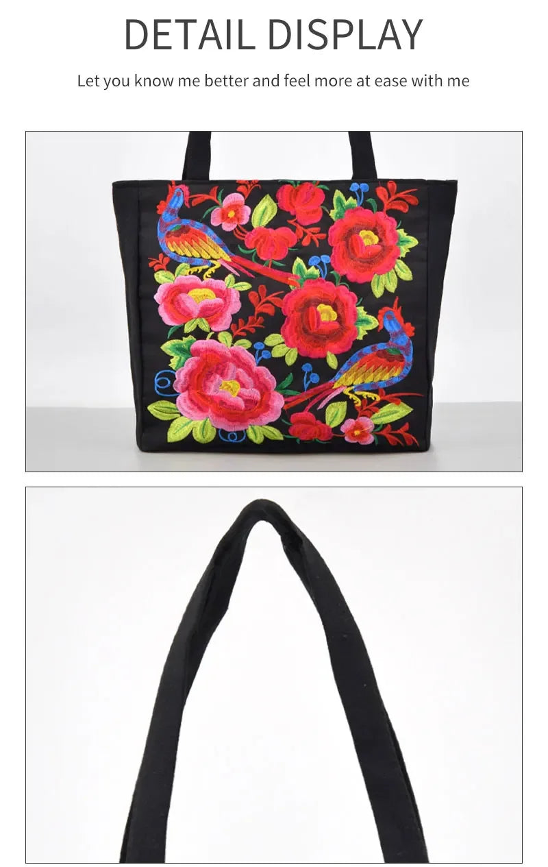 Ethnic Style Embroidery Shoulder Bag Large Capacity Literary Canvas Bag Retro Peony Tote Shopping Bag