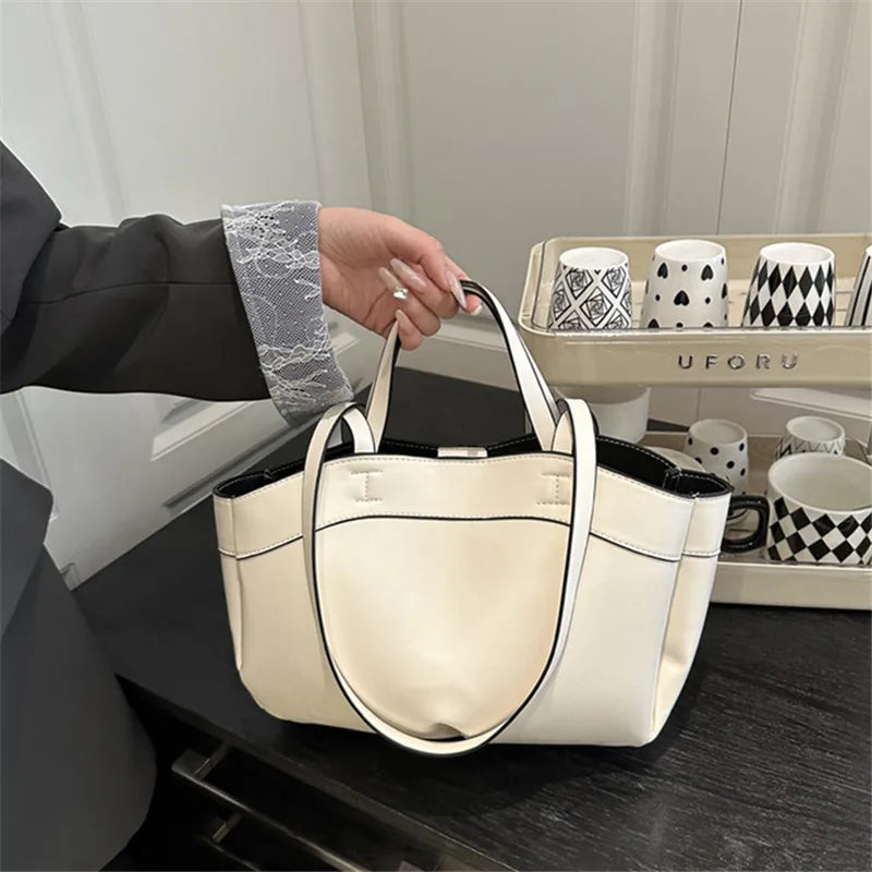 Solid Color Soft Leather Handbag Women Single Shoulder Tote Bag, Large Capacity Commuting Set Handbags Shopping Cross Body Bags