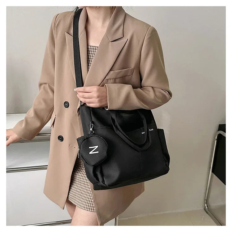 Oxford Design Double Sided Pocket Tote Bag Teen Women Large Capacity Handbag Single Shoulder Crossbody Bag with Round Coin Purse
