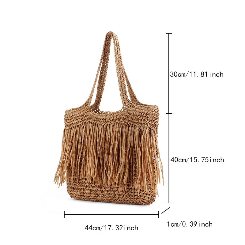 Casual Tassel Woven Women Shoulder Bags Handmade Fringe Lady Handbags Summer Beach Large Tote Bag Shopper Purse for Vacation