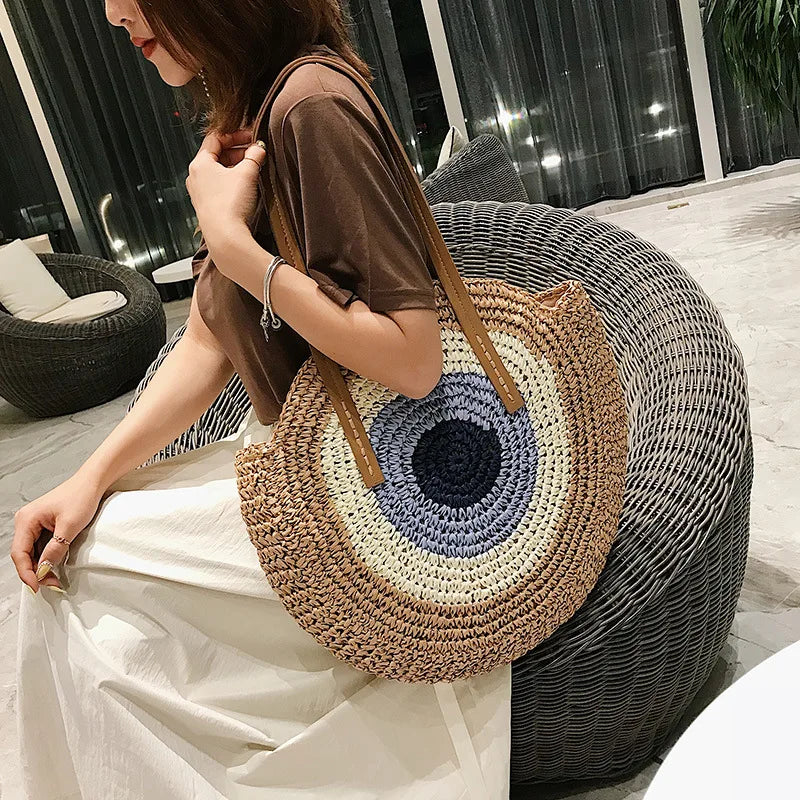 Large Capacity Round Women Fashionable Straw Woven Shoulder Bag Handmade Summer Beach Travel Holiday Women Tote Bags